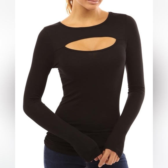 PattyBoutik Black Crewneck Keyhole Shirt Size Medium - Picture 3 of 9